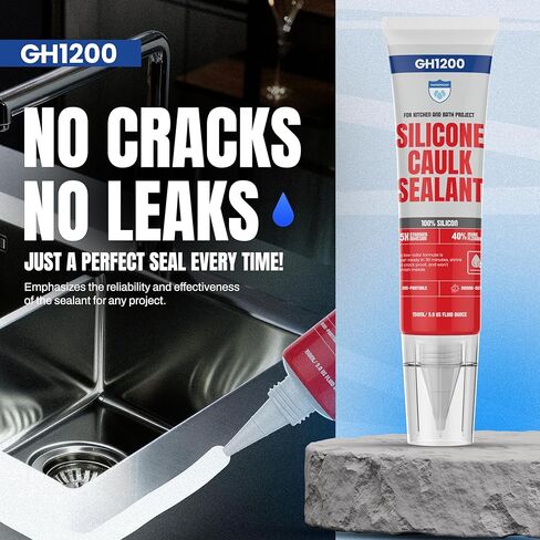 GH1200 White Silicone Sealant - 150 ML/5 FL Oz Waterproof Sealant for Kitchen & Bathroom - Shrink & Crack Proof Silicone Caulk - Indoor & Outdoor Use Sealant - Strong Formula Silicone Adhesive Tube in Kuwait