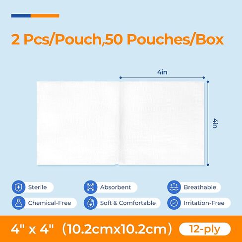 100 قطعة من وسادات الشاش المعقمة مقاس 4x4 بوصة و12 طبقة، 100% قطن 4x4، إسفنجات شاش عالية الامتصاص للعناية بالجروح، شاش معقم بدرجة المستشفى للإسعافات الأولية والضمادات الجراحية in Kuwait