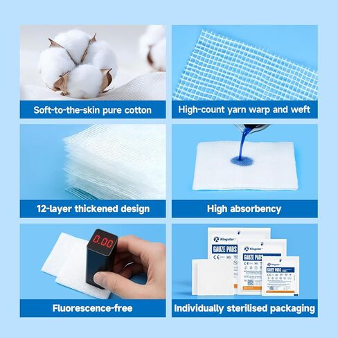 100 قطعة من وسادات الشاش المعقمة مقاس 4x4 بوصة و12 طبقة، 100% قطن 4x4، إسفنجات شاش عالية الامتصاص للعناية بالجروح، شاش معقم بدرجة المستشفى للإسعافات الأولية والضمادات الجراحية in Kuwait