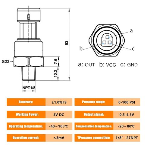 FUSCH 100 PSI Pressure Transducer Sensor with Connector Harness, 1/8"-27 NPT Thread Stainless Steel Pressure Transmitter for Oil Fuel Water Air in Saudi Arabia