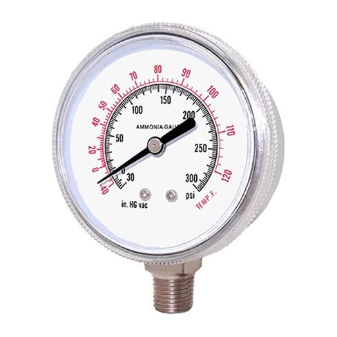 PIC Gauges 401DFW-404CF Bottom Mount Dry Ammonia Refrigeration Gauge w/ SS Case, 316 SS Internals, Plastic Lens, 4" Dial, 30/0/150 psi Range, 1/4" Male NPT in Saudi Arabia