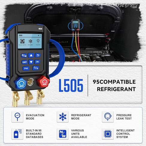 Digital Manifold HVAC Gauge Set,95 Refrigerants Dual Pressure&Temp Test with Temperature Clips and Hoses Vacuum AC Gauges for R454B R1234YF R134A R404A R410A R32 in Kuwait
