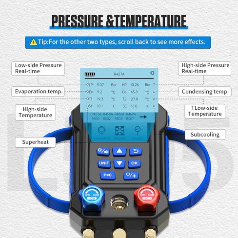 Digital Manifold HVAC Gauge Set,95 Refrigerants Dual Pressure&Temp Test with Temperature Clips and Hoses Vacuum AC Gauges for R454B R1234YF R134A R404A R410A R32 in Kuwait