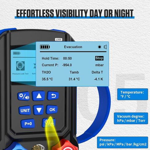 Digital Manifold HVAC Gauge Set,95 Refrigerants Dual Pressure&Temp Test with Temperature Clips and Hoses Vacuum AC Gauges for R454B R1234YF R134A R404A R410A R32 in Kuwait