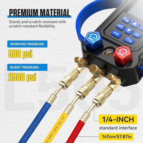 Digital Manifold HVAC Gauge Set,95 Refrigerants Dual Pressure&Temp Test with Temperature Clips and Hoses Vacuum AC Gauges for R454B R1234YF R134A R404A R410A R32 in Kuwait
