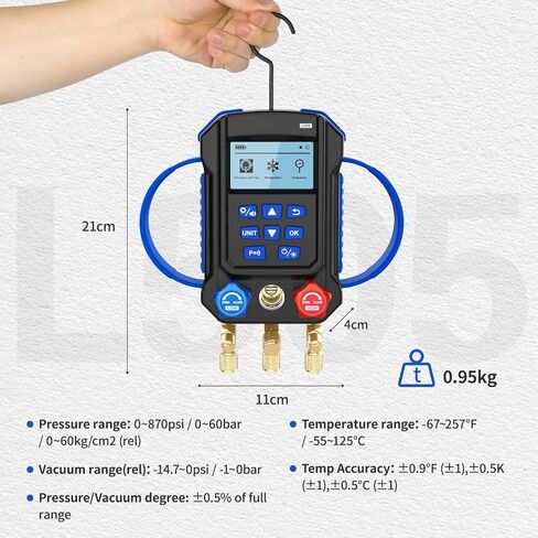 Digital Manifold HVAC Gauge Set,95 Refrigerants Dual Pressure&Temp Test with Temperature Clips and Hoses Vacuum AC Gauges for R454B R1234YF R134A R404A R410A R32 in Kuwait