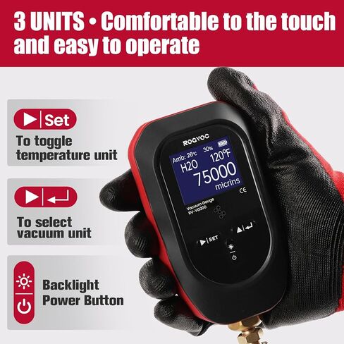 مقياس فراغ رقمي، جهاز قياس فراغ ميكرون مع 11 وحدة، 7/16 بوصة - 20 UNF، نطاق HVAC 0-75000 ميكرون، بما في ذلك تركيب SAE 1/4 بوصة وموصل T، البطارية غير متضمنة in Kuwait