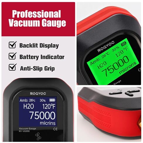 مقياس فراغ رقمي، جهاز قياس فراغ ميكرون مع 11 وحدة، 7/16 بوصة - 20 UNF، نطاق HVAC 0-75000 ميكرون، بما في ذلك تركيب SAE 1/4 بوصة وموصل T، البطارية غير متضمنة in Kuwait