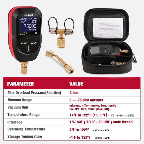 مقياس فراغ رقمي، جهاز قياس فراغ ميكرون مع 11 وحدة، 7/16 بوصة - 20 UNF، نطاق HVAC 0-75000 ميكرون، بما في ذلك تركيب SAE 1/4 بوصة وموصل T، البطارية غير متضمنة in Kuwait