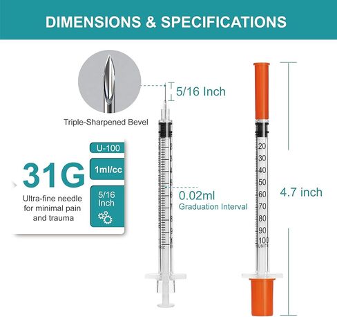 U-100 syringes with needle - 1ml 31G ( 31 gauge ) 5/16 inch syringe with needles scale in 100 units , 1 ml / 1cc Pack of 30 ( 30 Pcs ) in Kuwait