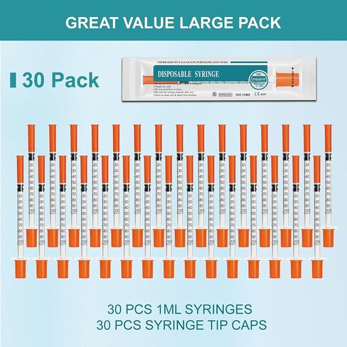 U-100 syringes with needle - 1ml 31G ( 31 gauge ) 5/16 inch syringe with needles scale in 100 units , 1 ml / 1cc Pack of 30 ( 30 Pcs ) in Kuwait