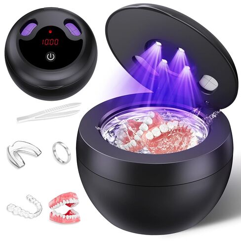Upgraded Ultrasonic Retainer Cleaner Machine, 48kHz Ultrasonic Dentures Cleaner for Mouth Guards, Braces, Aligner, Toothbrush & Jewelry, 200ML Capacity, Black in Kuwait