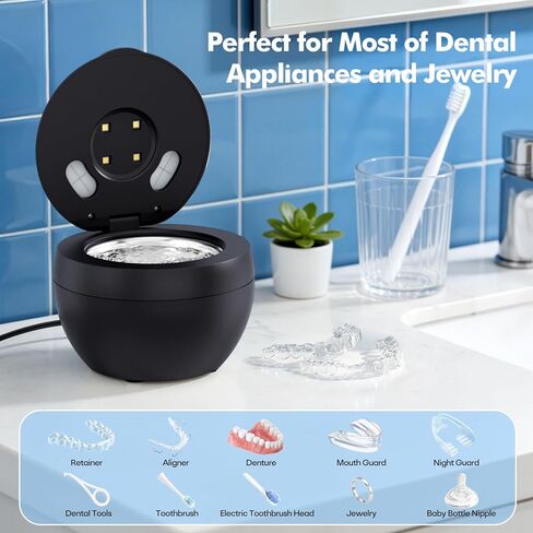 Upgraded Ultrasonic Retainer Cleaner Machine, 48kHz Ultrasonic Dentures Cleaner for Mouth Guards, Braces, Aligner, Toothbrush & Jewelry, 200ML Capacity, Black in Kuwait