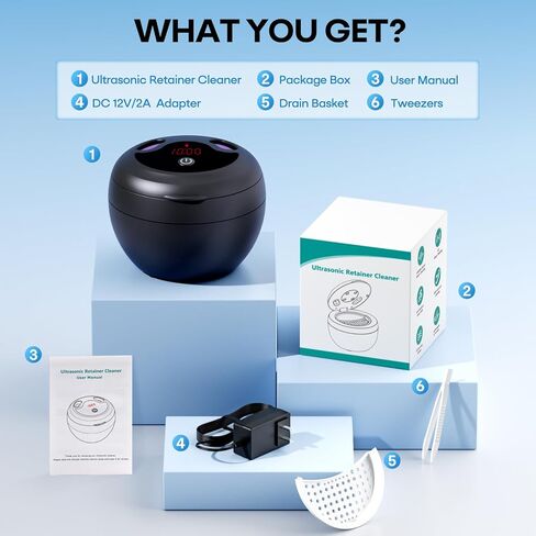 Upgraded Ultrasonic Retainer Cleaner Machine, 48kHz Ultrasonic Dentures Cleaner for Mouth Guards, Braces, Aligner, Toothbrush & Jewelry, 200ML Capacity, Black in Kuwait