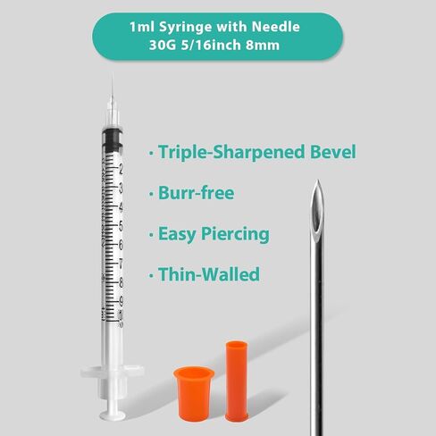 محاقن بإبرة، 30 عبوة U-100 1 مل 30 جرام 5/16 بوصة (8 مم) حقنة للاستعمال مرة واحدة، مستلزمات المختبر مغلفة بشكل فردي in Kuwait