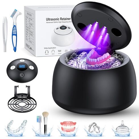 TEBAL Ultrasonic Retainer Cleaner Machine, 52kHz Ultrasonic Denture Cleaner for Night Guards, Braces, Aligner, Toothbrush, Jewelry and More, Dental Cleaning Pod with Digital Timer & 250ML, White in Kuwait