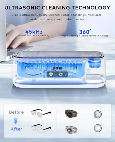 SUNPOW Ultrasonic Jewelry Cleaner Machine– Dual Chambers for Contact Lenses & Jewelry, 45kHz Sonic Cleaner for Silver & Gold, Rings, Earrings, Glasses, Watches, Necklaces – Quiet 45dB, Deep Cleaning in Kuwait