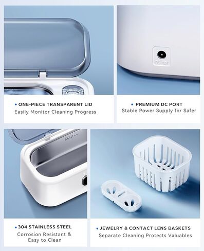 SUNPOW Ultrasonic Jewelry Cleaner Machine– Dual Chambers for Contact Lenses & Jewelry, 45kHz Sonic Cleaner for Silver & Gold, Rings, Earrings, Glasses, Watches, Necklaces – Quiet 45dB, Deep Cleaning in Kuwait