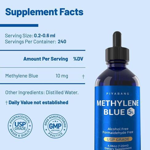Methylene Blue Pharmaceutical Grade, 5% USP Grade Methylene Blue Drops for Humans, Third Party Tested - 120mL in Kuwait