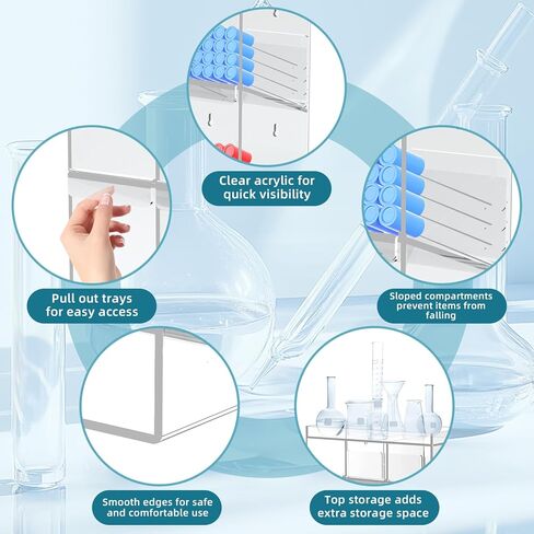 Acrylic Test Tube Rack, Clear Tube Holder Organizer Stand with 9 Compartments, Extra Bottom Storage, and 4 Pull-Out Trays, Wall Mount or Countertop for Lab, Hospital, Office, 16"H x 12"W x 5.5"D in Kuwait