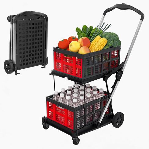 عربة تسوق قابلة للطي بعجلات، عربة تسوق قابلة للطي متعددة الاستخدام بطبقتين مع صندوقين للتخزين، عربة تسوق قابلة للطي للمكتب والبقالة والمستودعات والسوبر ماركت والنزهة (أزرق) in Kuwait