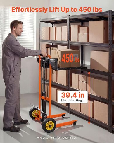 VEVOR Hydraulic Material Lift Winch Stacker, 450 lbs Load Capacity, 39.4'' Max Lifting Height, Pallet Truck Dolly with Fork Lift Table, Foldable & Portable Pallet Jack Table Cart, Orange & Black in Saudi Arabia