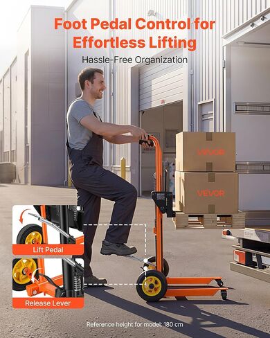 VEVOR Hydraulic Material Lift Winch Stacker, 450 lbs Load Capacity, 39.4'' Max Lifting Height, Pallet Truck Dolly with Fork Lift Table, Foldable & Portable Pallet Jack Table Cart, Orange & Black in Saudi Arabia