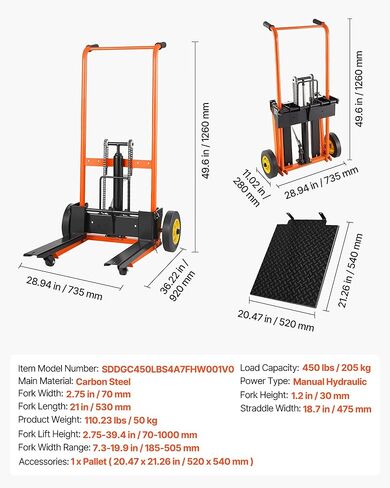 VEVOR Hydraulic Material Lift Winch Stacker, 450 lbs Load Capacity, 39.4'' Max Lifting Height, Pallet Truck Dolly with Fork Lift Table, Foldable & Portable Pallet Jack Table Cart, Orange & Black in Saudi Arabia