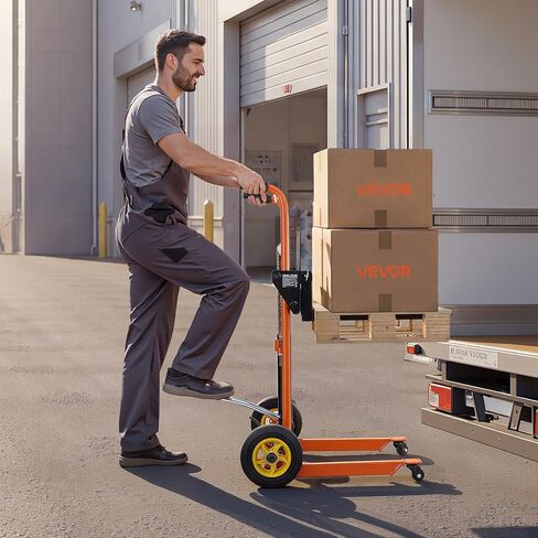 VEVOR Hydraulic Material Lift Winch Stacker, 450 lbs Load Capacity, 39.4'' Max Lifting Height, Pallet Truck Dolly with Fork Lift Table, Foldable & Portable Pallet Jack Table Cart, Orange & Black in Saudi Arabia