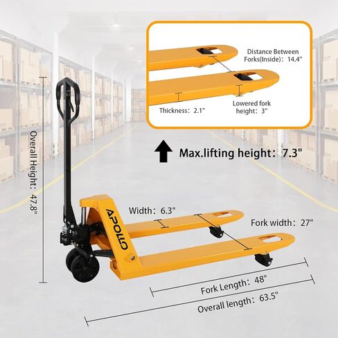 شاحنة رافعة البليت APOLLOLIFT، سعة 5500 رطل، 27 بوصة عرض × 48 بوصة طول، شوكة يدوية قياسية لشاحنة البليت لعجلات المستودعات من النايلون in Kuwait