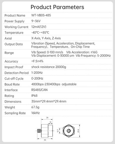 WITMOTION WTVB05 IPX8 Waterproof Vibration Sensor Transducer, Modbus RTU 3-axis (XYZ) Vibration Displacement(30000um)+Speed(100mm/s)+Frequency(2000HZ), for Structural Health Monitoring in Saudi Arabia