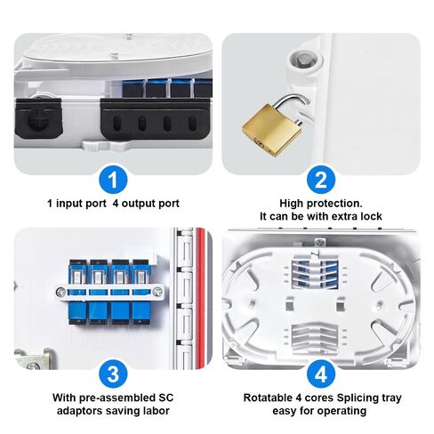 توزيع ألياف FTTH 4/8 النوى، صندوق توزيع الألياف ذو 4 منافذ، مع 4 محولات SC و4 محولات LC مزدوجة in Kuwait