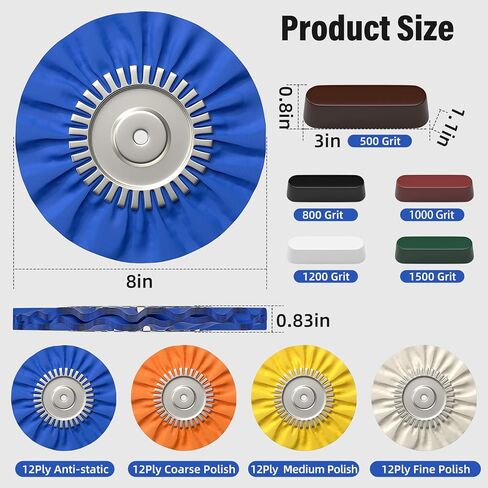 عجلات تلميع مجرى الهواء مقاس 8 بوصات من BURMONG لمطحنة زاوية 4.5 بوصة، وعجلة تلميع عازلة 9 قطع للسيارة، ووسادة عجلة تلميع معدنية من الألومنيوم ومجموعة مركبة لإنهاء المرآة (فتحة أربور 5/8 بوصة) in Kuwait