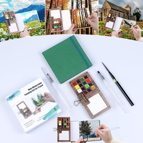 Mini Watercolor Paint Set, Portable Travel Art Kit with Wooden Palette, 8 Color Pigments, Watercolor Pad, Water Brush Pens and Accessories for Artists and Students in Saudi Arabia