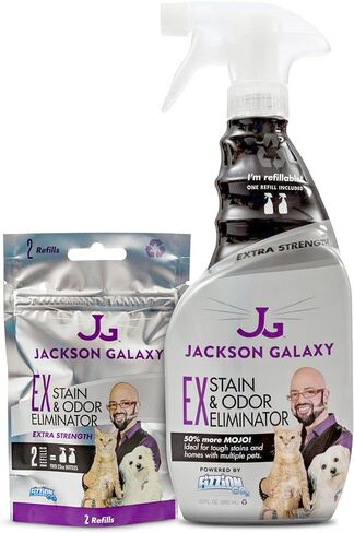 Ex Stain & Odor Eliminator بواسطة Jackson Galaxy - مزيل بول الحيوانات الأليفة - زجاجة 23 أوقية - 2 حشوات تضم - أكثر من 50 ٪ من Mojo - يلغي بقع الحيوانات الأليفة والروائح بسرعة - يعمل على أسطح متعددة - غير سامة in Kuwait