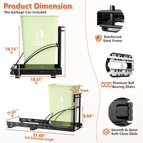 Under Sink Trash Can Pull Out, Reinforced Heavy Duty Steel Frame Slider, No Can/Fits 7-13 Gal 50Qt Garbage Bin/Quiet Close Slides, Pull Out Trash Can Under Counter for Minimum Cabinet 13"Wx19"Dx17"H in Saudi Arabia