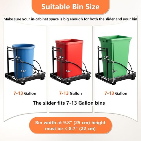 Under Sink Trash Can Pull Out, Reinforced Heavy Duty Steel Frame Slider, No Can/Fits 7-13 Gal 50Qt Garbage Bin/Quiet Close Slides, Pull Out Trash Can Under Counter for Minimum Cabinet 13"Wx19"Dx17"H in Saudi Arabia