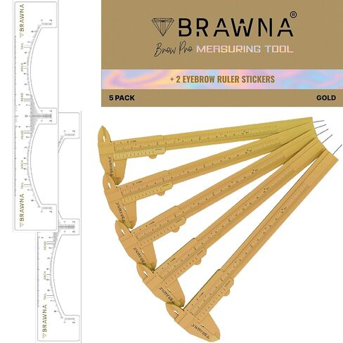 أداة قياس BRAWNA Brow Pro - مسطرة حواجب مزدوجة النطاق لفناني الميكروبلادينج والحواجب والمكياج - مسطرة فرجار الحواجب البلاستيكية - ذهبي in Kuwait
