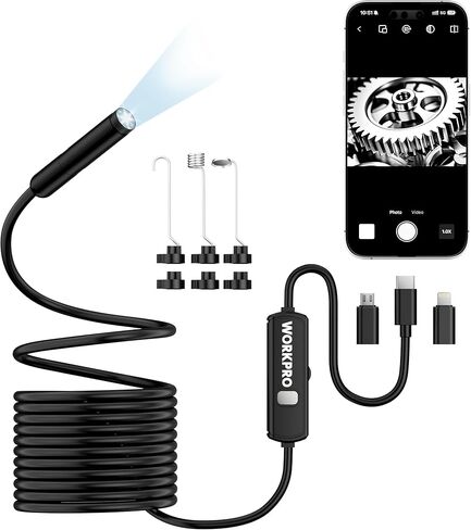 كاميرا المنظار الصناعي WORKPRO 16.4FT، منظار الثعبان شبه الصلب 1920P HD مع 8 مصابيح LED قابلة للتعديل، كاميرا فحص لنظامي التشغيل iOS وAndroid in Saudi Arabia