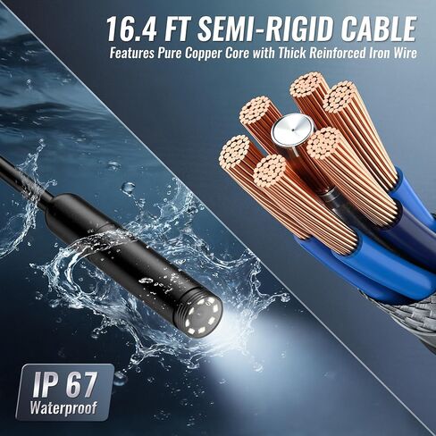 كاميرا المنظار الصناعي WORKPRO 16.4FT، منظار الثعبان شبه الصلب 1920P HD مع 8 مصابيح LED قابلة للتعديل، كاميرا فحص لنظامي التشغيل iOS وAndroid in Saudi Arabia