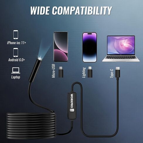 كاميرا المنظار الصناعي WORKPRO 16.4FT، منظار الثعبان شبه الصلب 1920P HD مع 8 مصابيح LED قابلة للتعديل، كاميرا فحص لنظامي التشغيل iOS وAndroid in Saudi Arabia