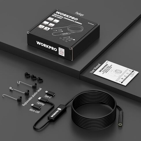 كاميرا المنظار الصناعي WORKPRO 16.4FT، منظار الثعبان شبه الصلب 1920P HD مع 8 مصابيح LED قابلة للتعديل، كاميرا فحص لنظامي التشغيل iOS وAndroid in Saudi Arabia