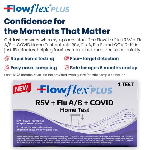 Flowflex Plus RSV + Flu A/B + COVID Home Test, 4-in-1 Home Test Kit, Rapid Results in 15 Minutes, OTC at-Home Antigen Test for Adults & Children (2 Tests) in Kuwait