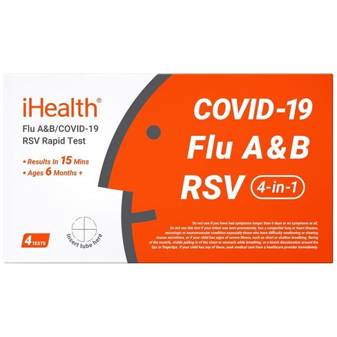 iHealth Flu A/B, COVID-19 & RSV 4-in-1 Antigen Rapid Test, Results in 15 Minutes, FDA Authorized OTC Home Test, Non-Invasive Nasal Swab, Easy to Use & No Discomfort (1 Pack, 4 Tests Total) in Kuwait