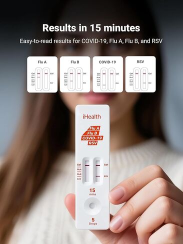 iHealth Flu A/B, COVID-19 & RSV 4-in-1 Antigen Rapid Test, Results in 15 Minutes, FDA Authorized OTC Home Test, Non-Invasive Nasal Swab, Easy to Use & No Discomfort (1 Pack, 2 Tests Total) in Kuwait