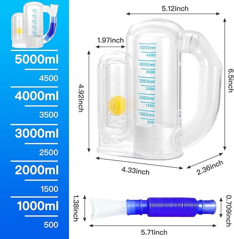 جهاز قياس التنفس التحفيزي للبالغين، جهاز تمرين التنفس للرئتين، مدرب التنفس، جهاز تمرين الرئة بمقياس التنفس - قياس حجم 5000 مل مع مؤشر معدل التدفق in Kuwait