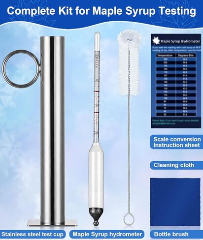 مجموعة مقياس كثافة شراب القيقب، مقياس كثافة السوائل من عصير القيقب مع كوب اختبار شراب من الفولاذ المقاوم للصدأ، أجهزة قياس كثافة السوائل من بركس لصنع عصارة القيقب، مقياس بوم وبريكس، تتضمن فرشاة وقماش لمستلزمات صنع شراب القيقب in Kuwait