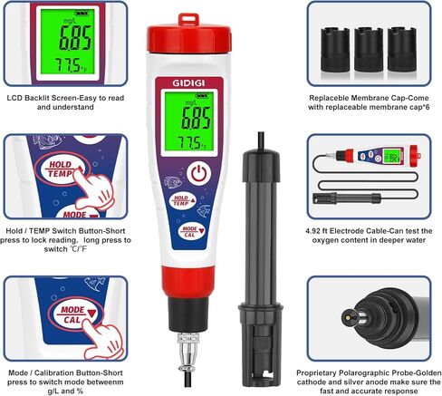 مقياس الأكسجين المذاب الرقمي، مجموعة اختبار الأكسجين المذاب مع كابل مسبار بطول 4.92 قدم، محلل الأكسجين مع الملحقات، مجموعة اختبار مياه بركة السمك 0.0-40.0 ملجم/لتر in Kuwait