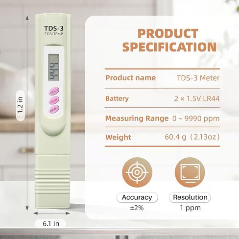 TDS Meter Digital Water Tester for Drinking Water, 3 in 1 TDS,EC,Temperature Meter,Portable Water Testing Kits for Hydroponics Aquarium and RO System in Kuwait