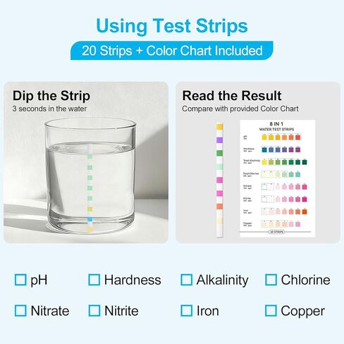 Water Test Kit - TDS Meter, 20 Test Strips (8 in 1), User Action Guide & 2 Record Sheets. Digital Water Tester for Home, Tap & Well Drinking Water. in Saudi Arabia